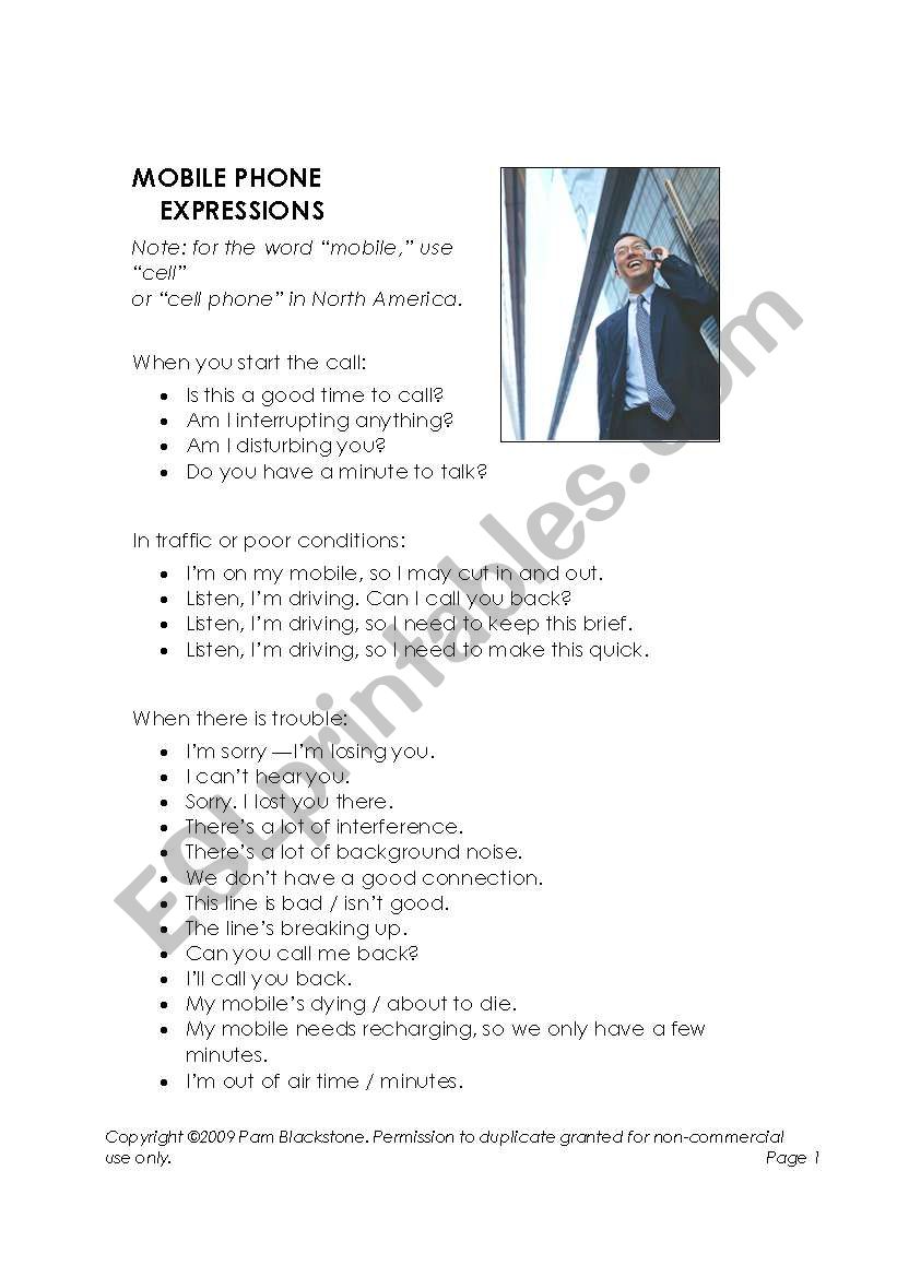 Mobile Phone Expressions worksheet
