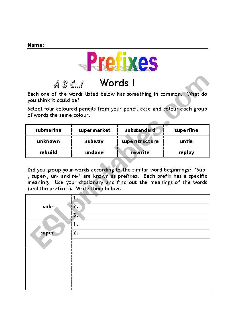 Prefixes worksheet