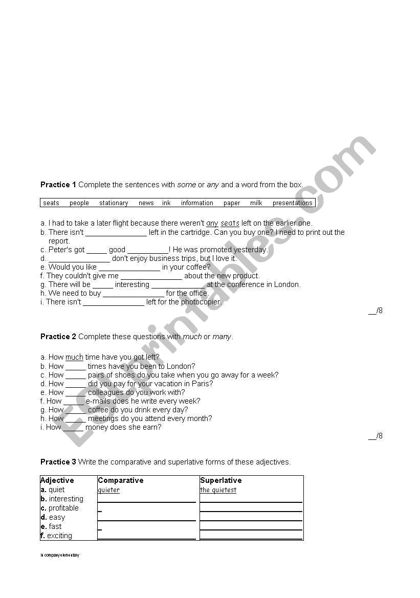 Elementary Business Test worksheet