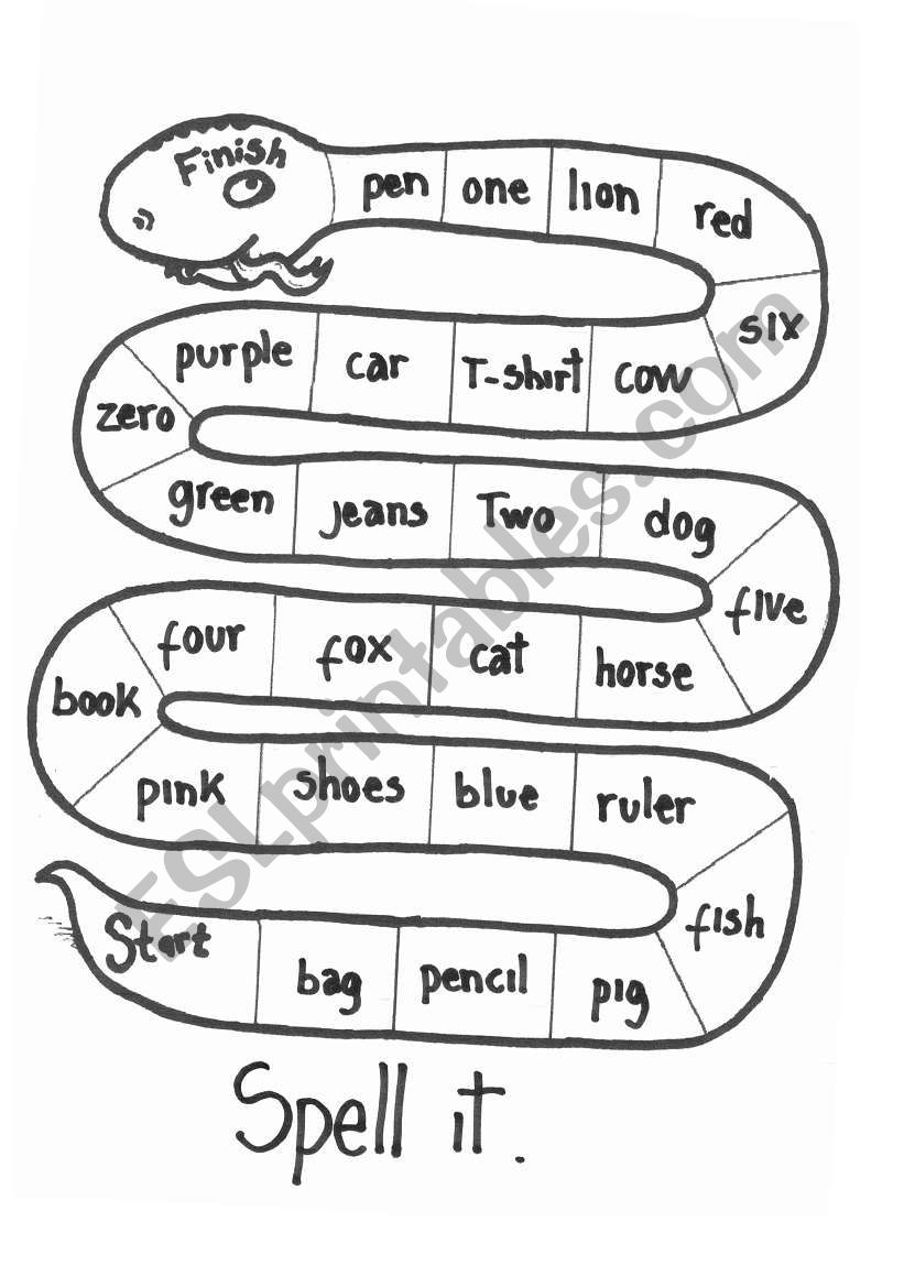 Bord game spelling worksheet