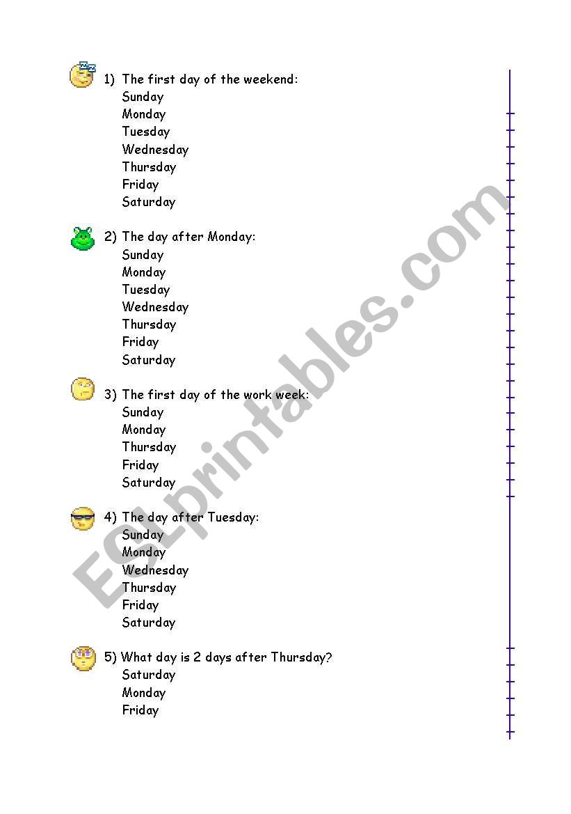 Days of the Week test worksheet