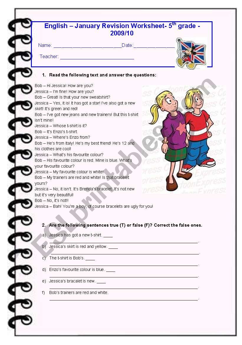 5th Grade January Test worksheet