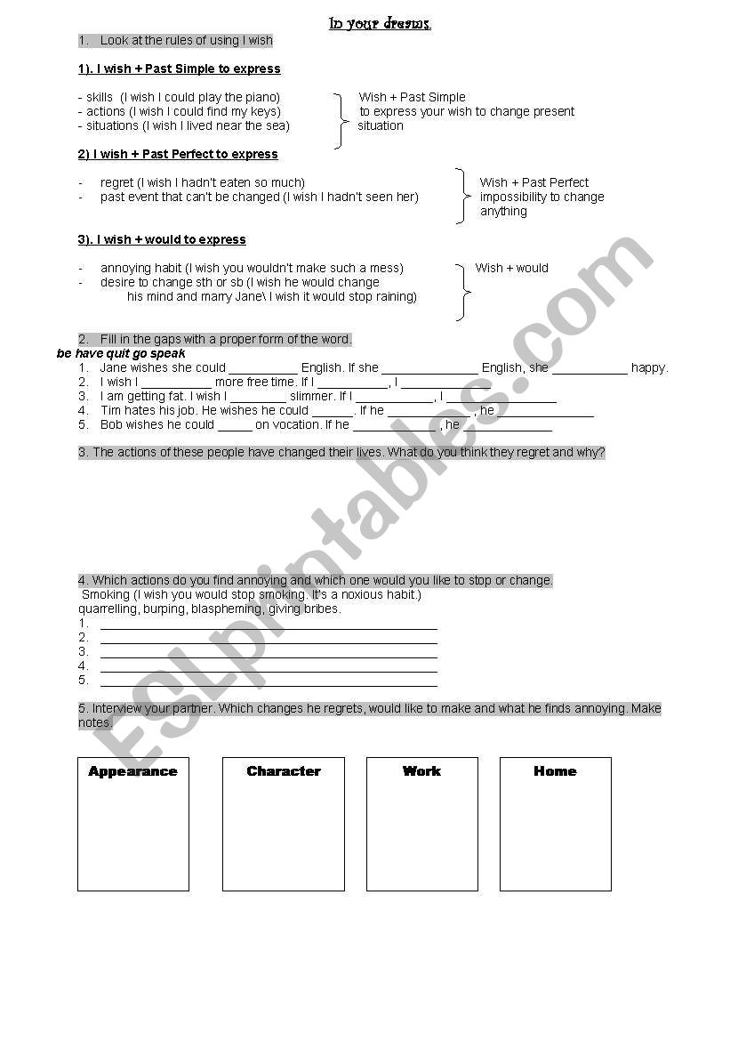 In your dream (I wish) worksheet
