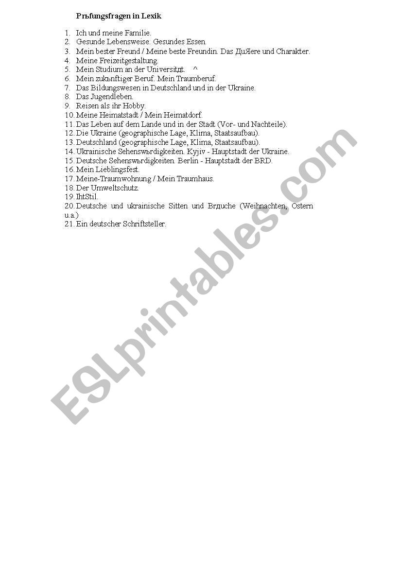 exams worksheet