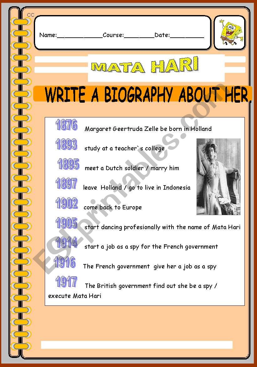 Biography about Mata Hari worksheet