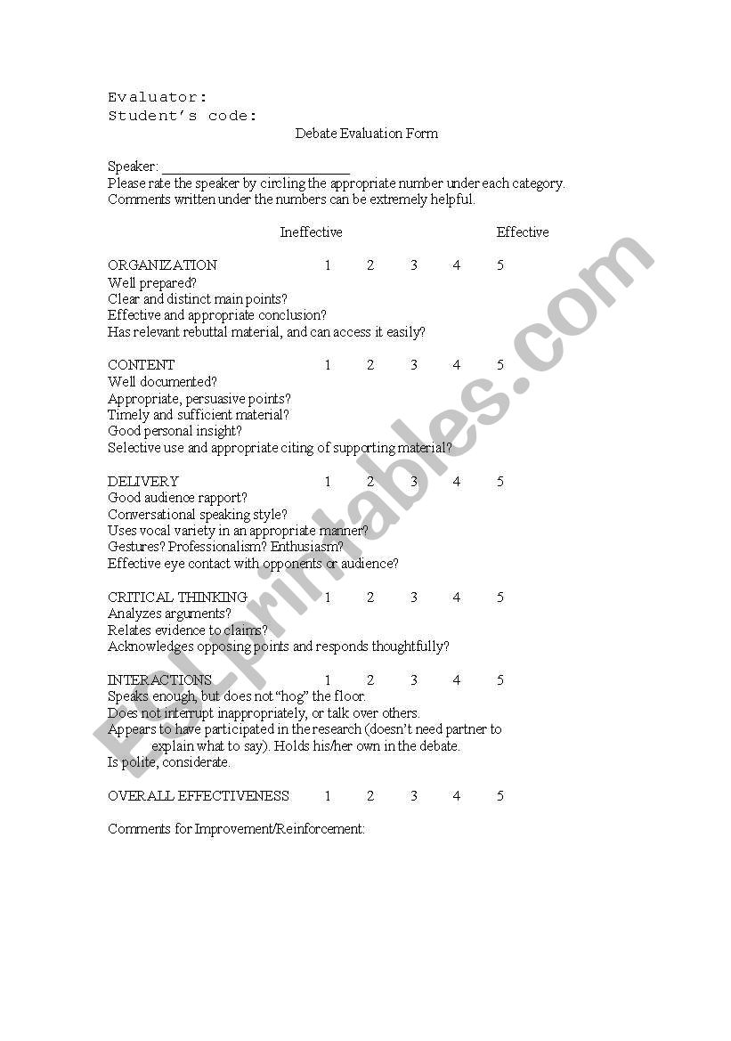 debate evaluation form worksheet