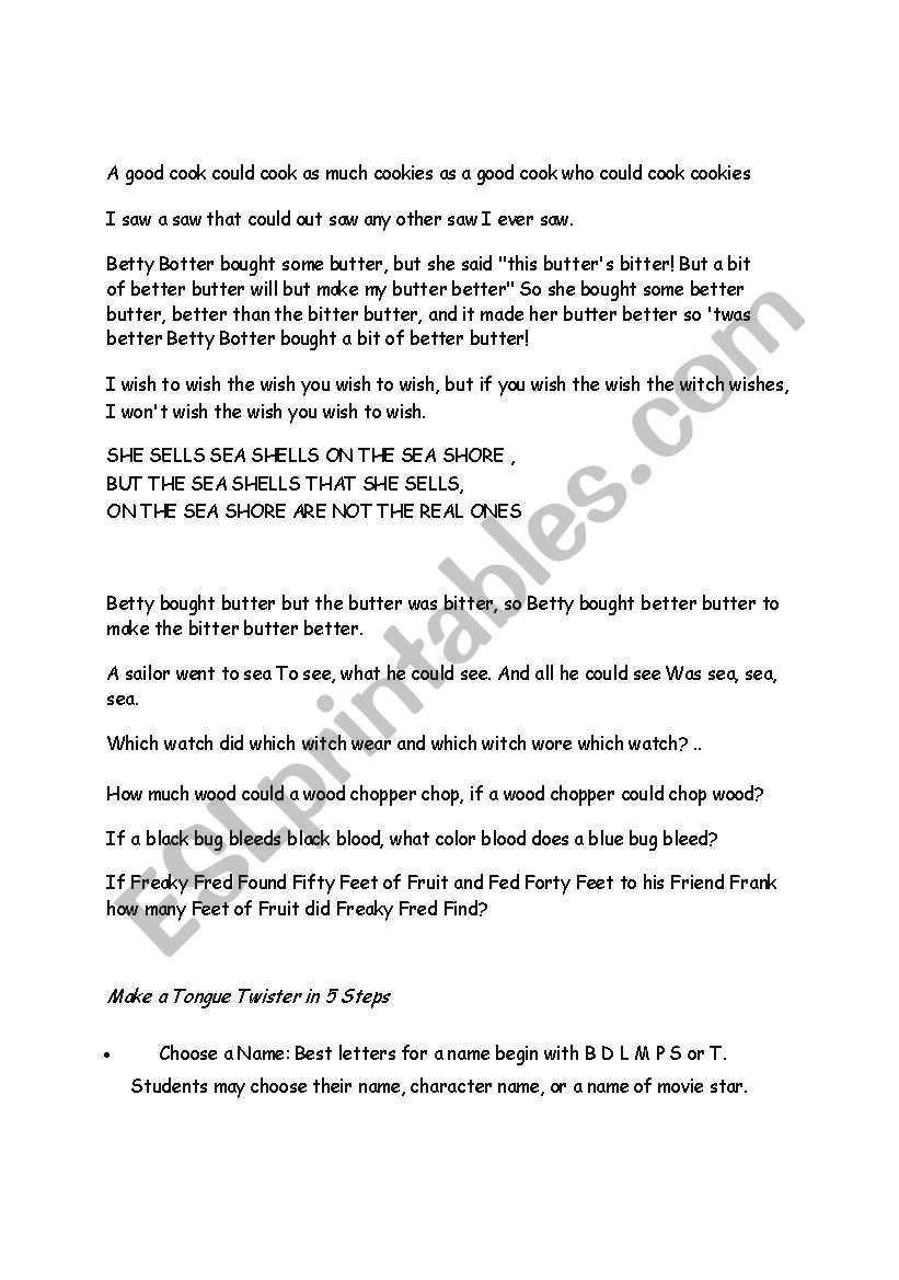 tongue twisters game worksheet