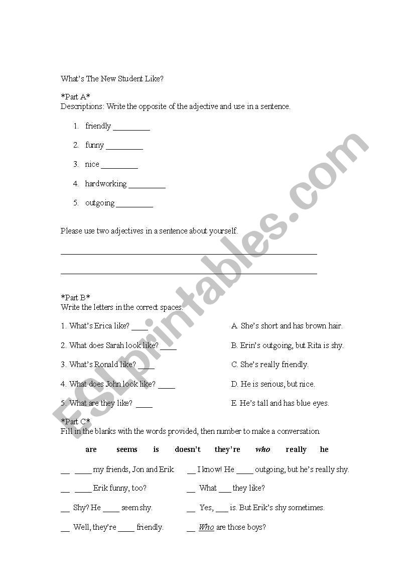 Personality Description Test worksheet