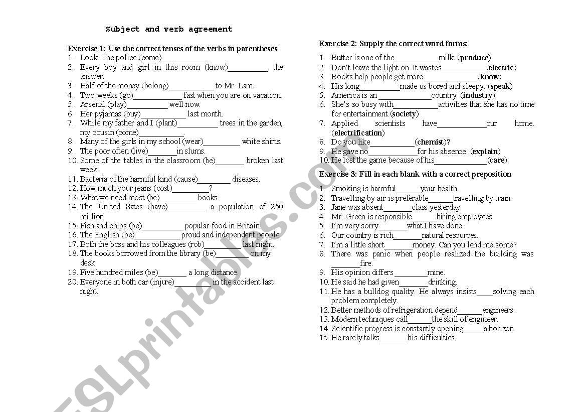 Subject and verbs agreement worksheet