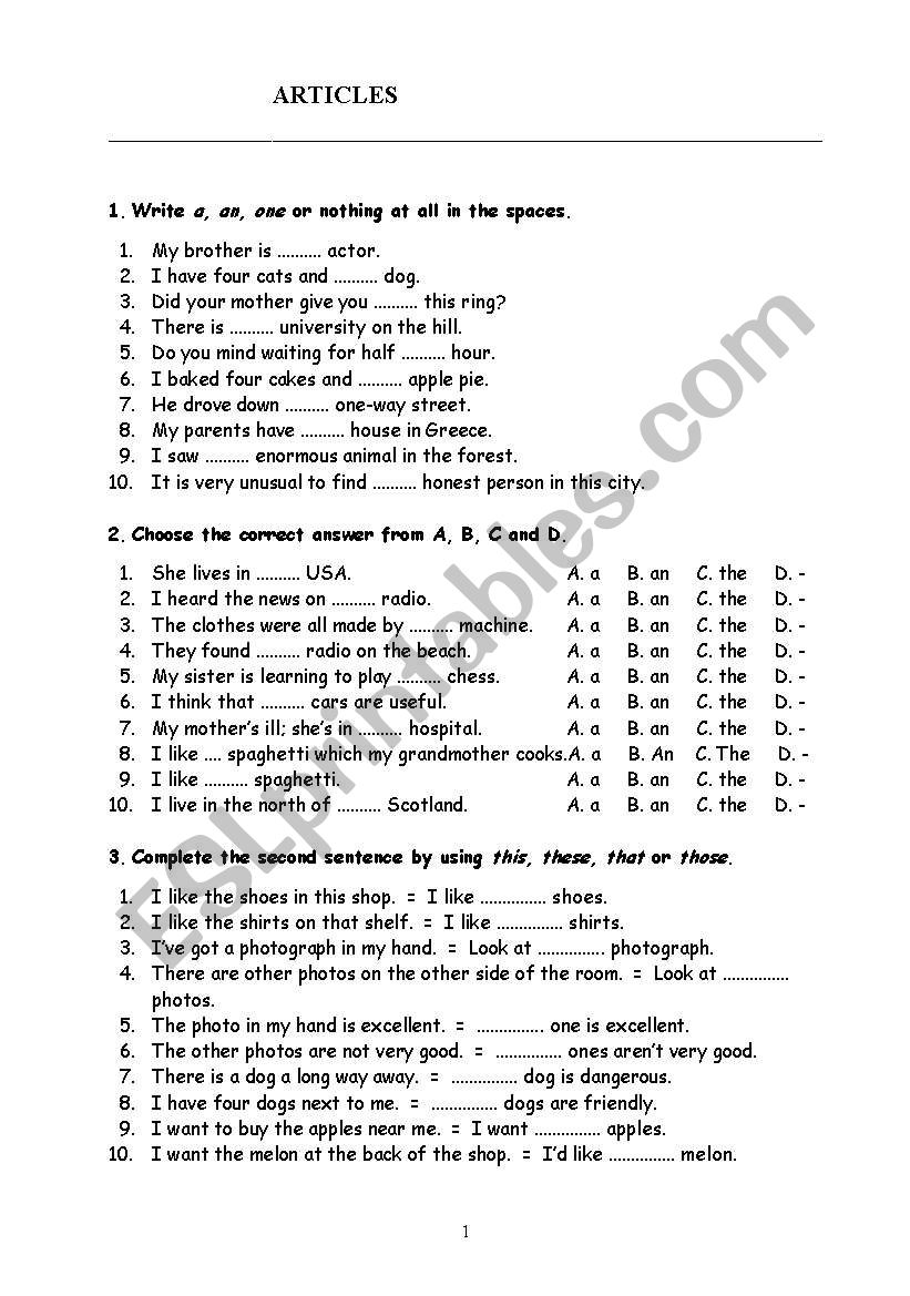 articles worksheet