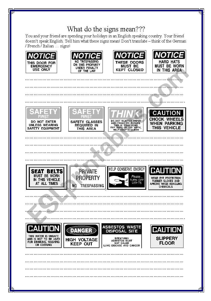 What do the signs mean? worksheet