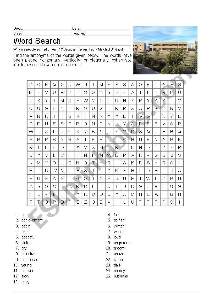 Antonyms wordsearch worksheet