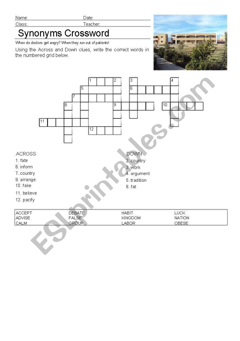 Synonyms crossword worksheet