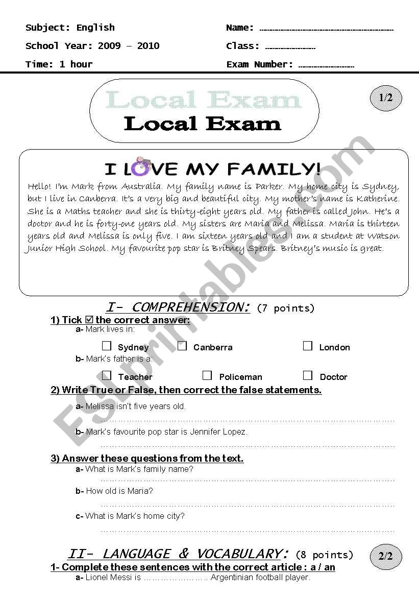 English Exam worksheet