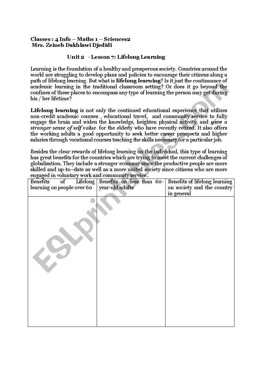 Lifelong learning worksheet