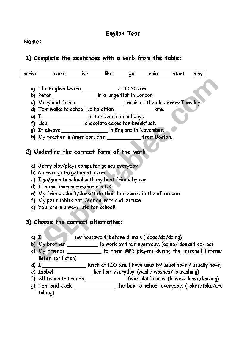 english elementary test 1 worksheet