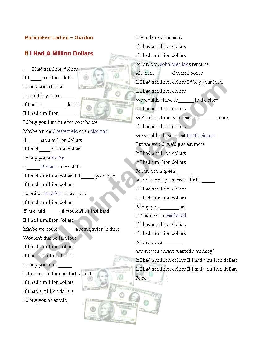 If I had a million dollars worksheet