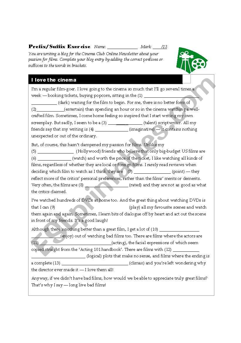 Cinema Vocab Prefix-Suffix Exercise