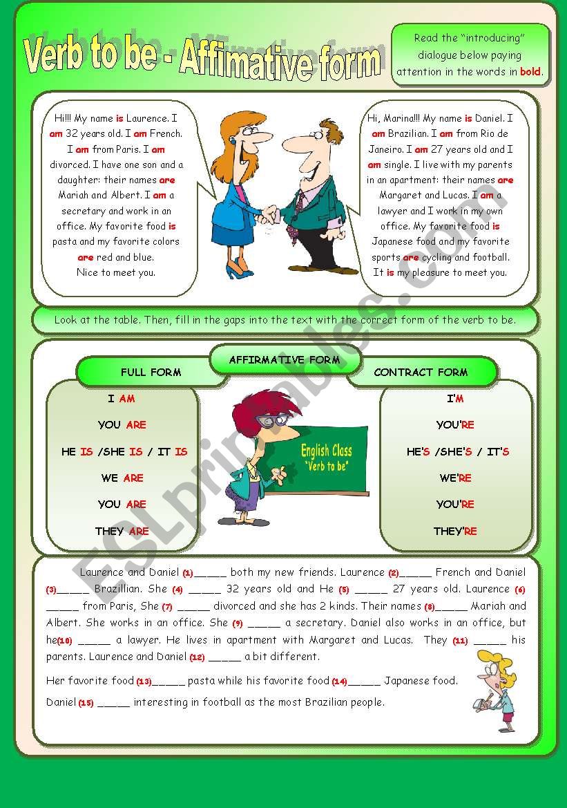 Verb to be - Affimative form worksheet