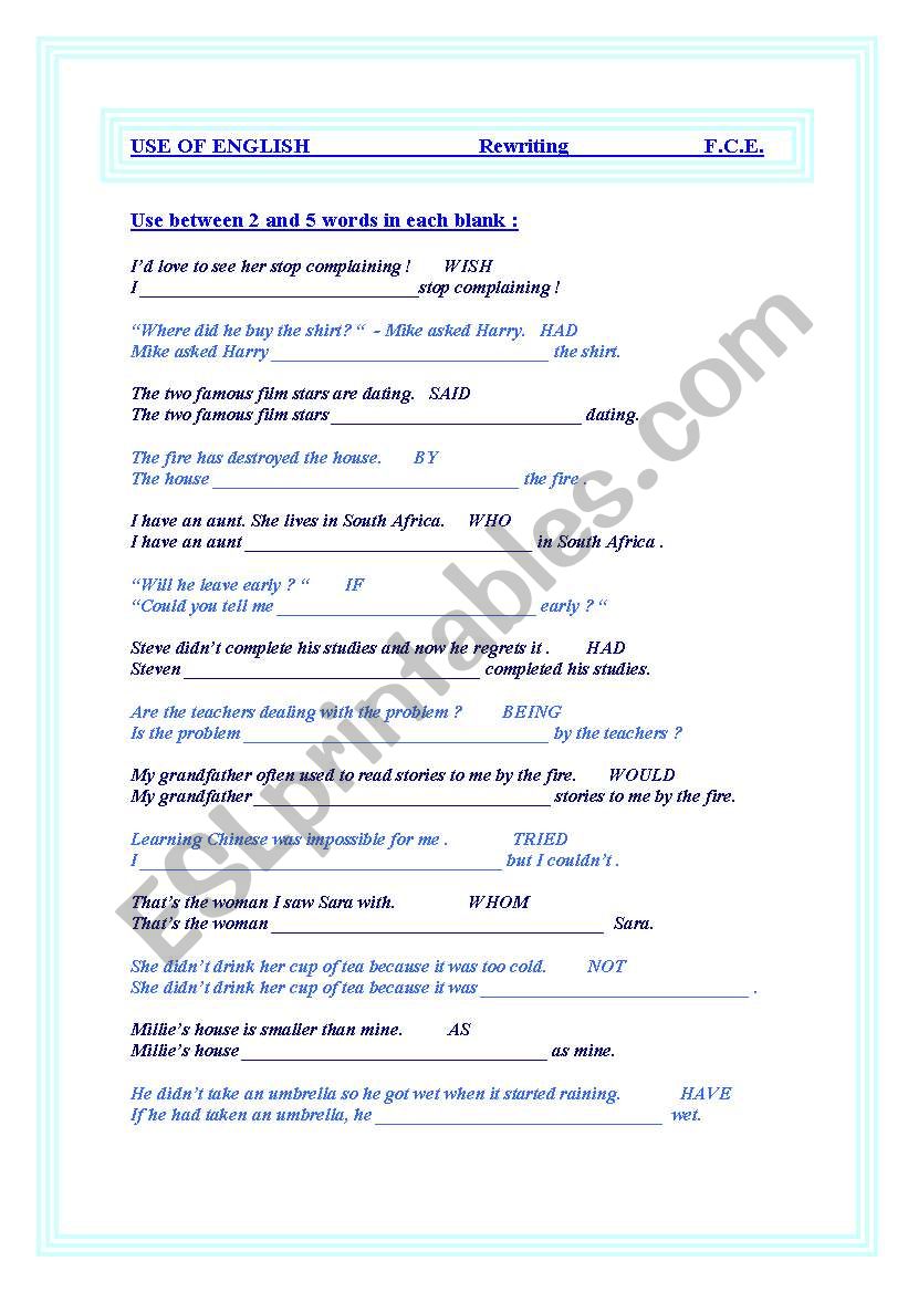 Rewrite for FCE exam worksheet