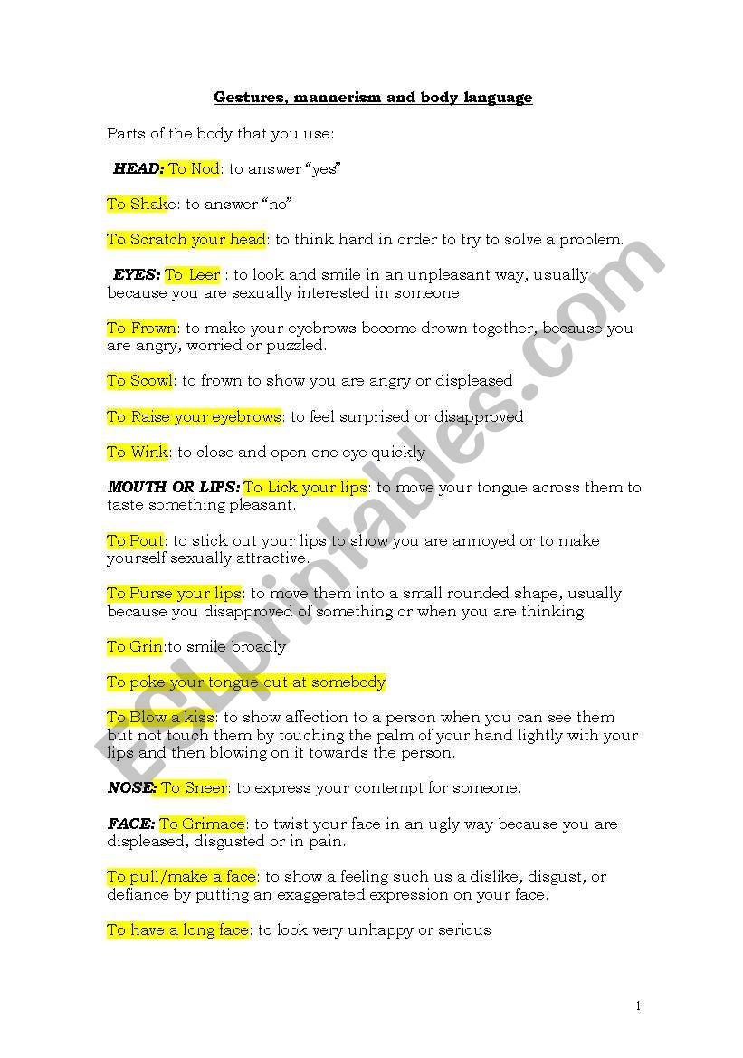 Gesture and posture worksheet