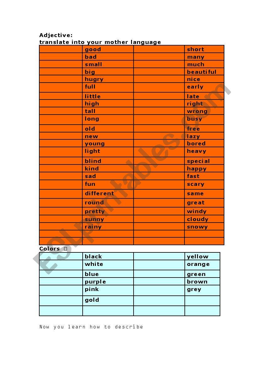 English Worksheets Adjective Words