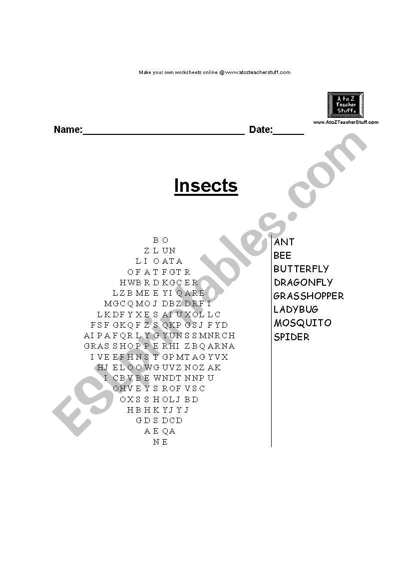 insects word search worksheet