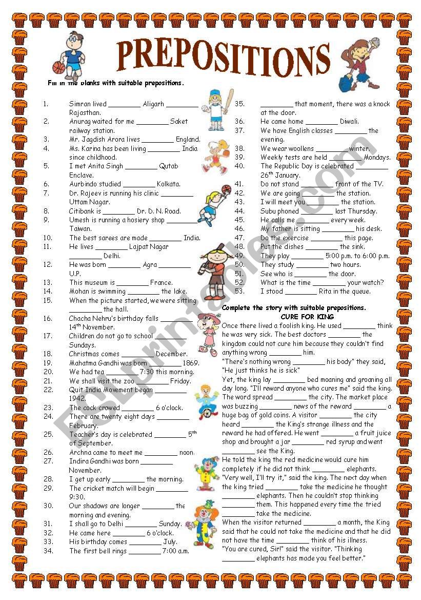 PREPOSITIONS (with key) worksheet