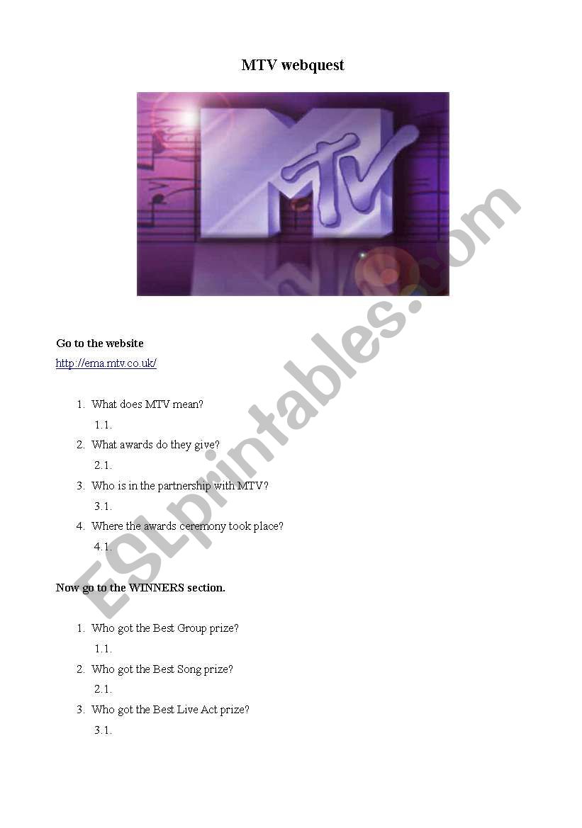 MTV webquest worksheet