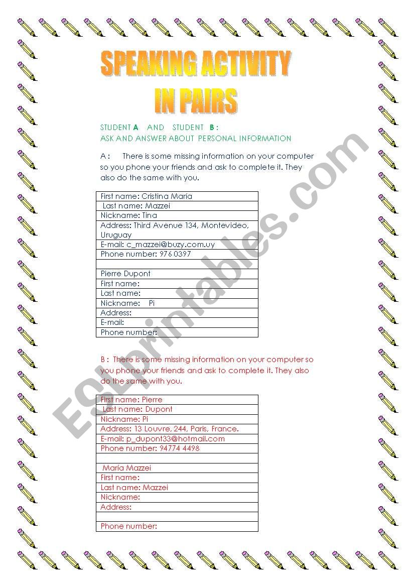 SPEAKING ACTIVITY IN PAIRS worksheet