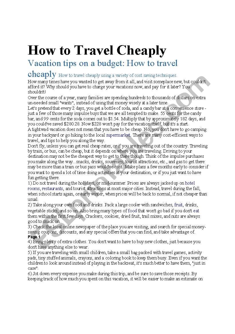 How to Travel Cheaply worksheet