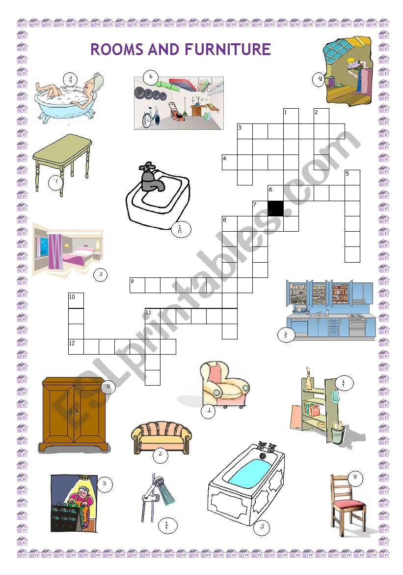 Rooms and furniture crossword worksheet