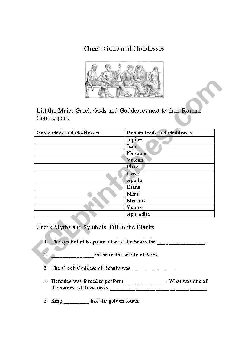 Greek Gods and Goddesses worksheet