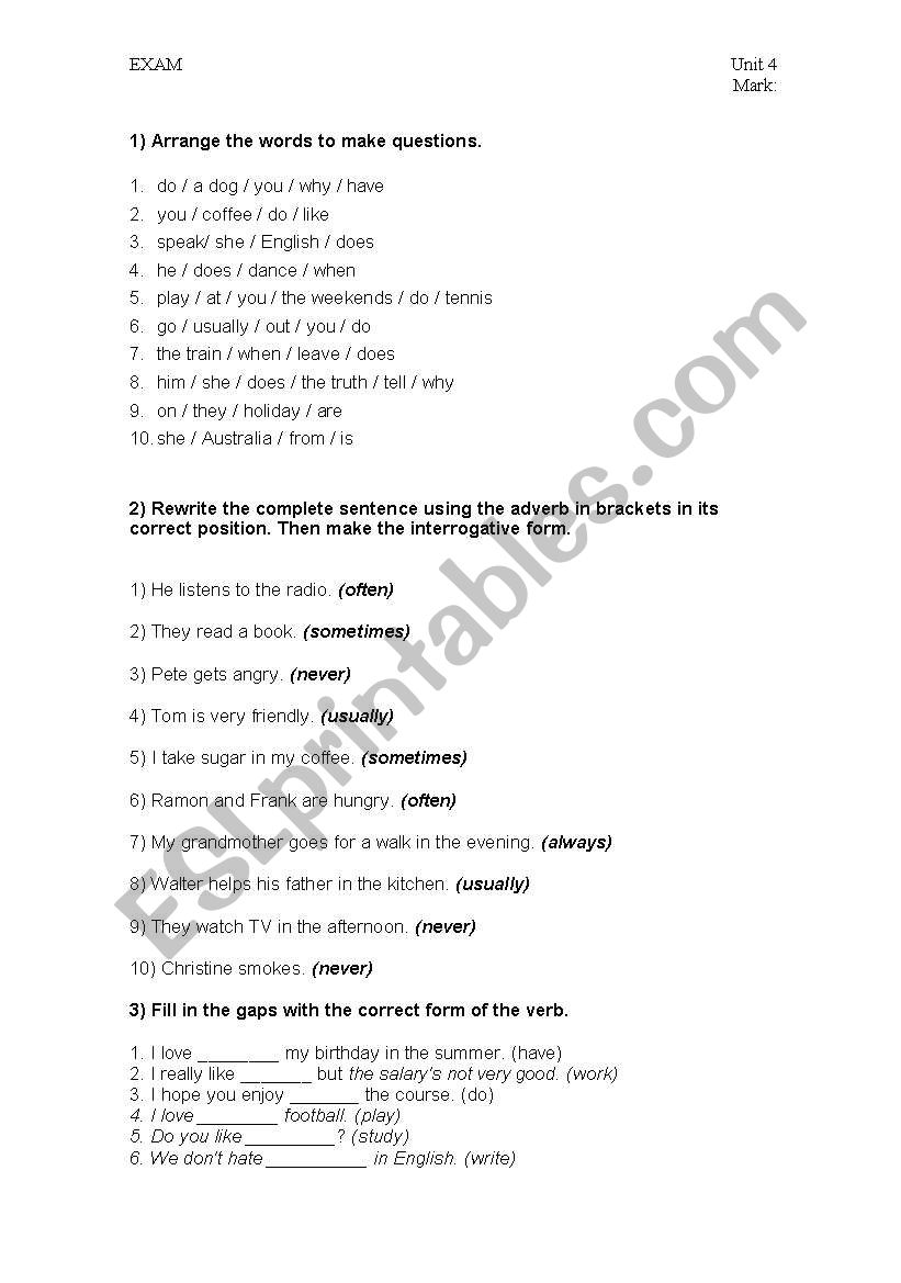 1st ESO exam worksheet