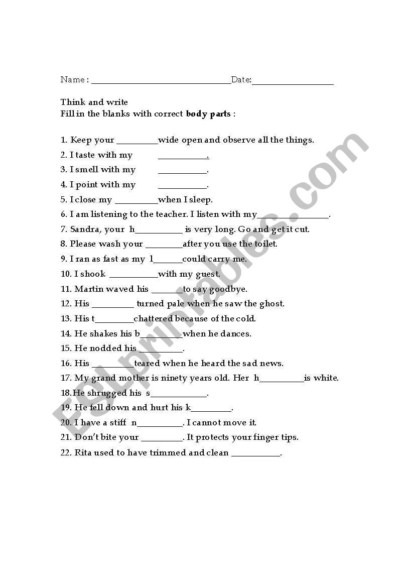 Body Parts worksheet