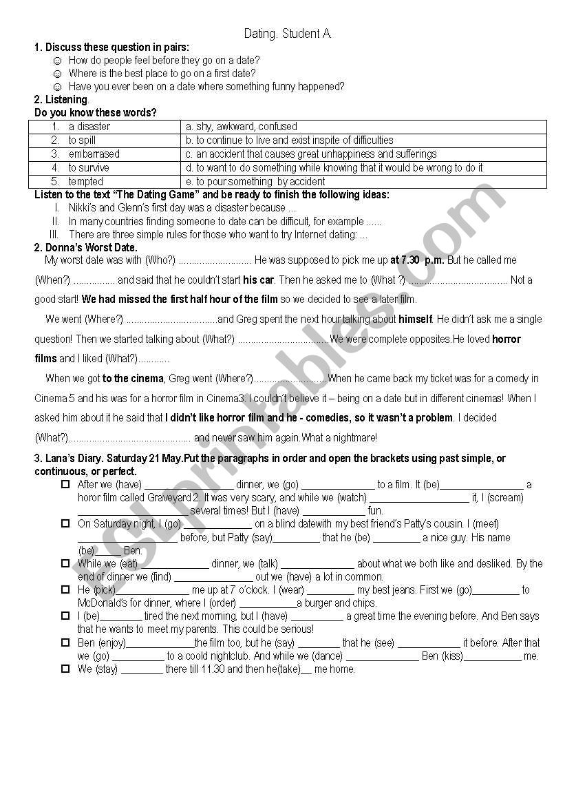 Ideal and disaster dates worksheet