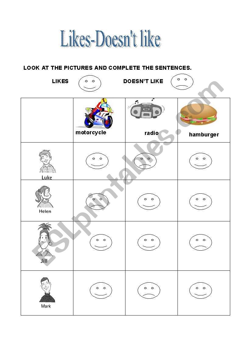 likes-doesnt like worksheet