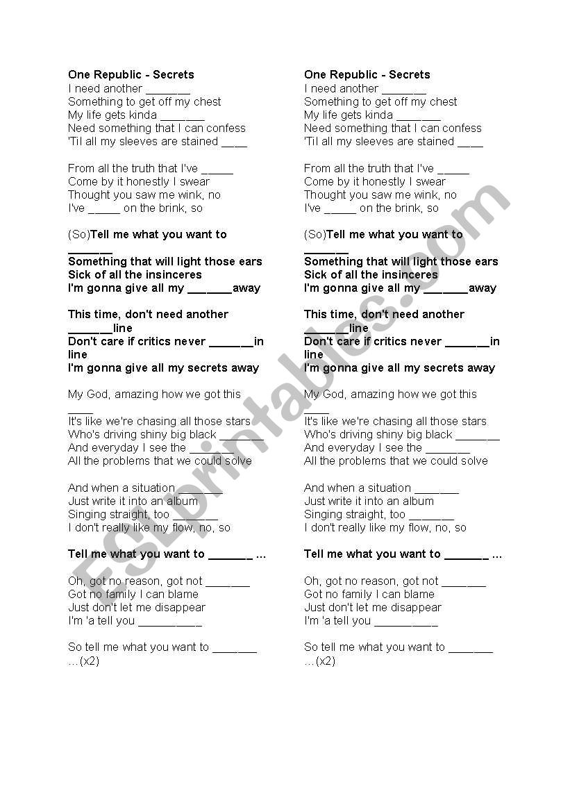 One Republic - Secrets worksheet