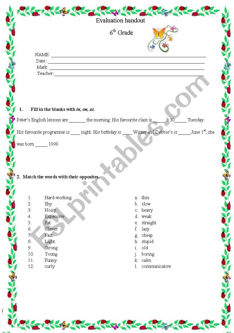 evaluation handout 6th grade worksheet