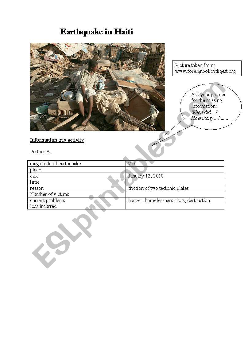 Earthquake in Haiti worksheet