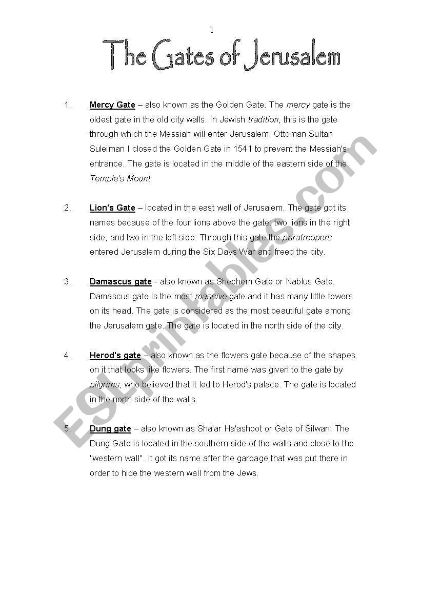 Jerusalems gates worksheet