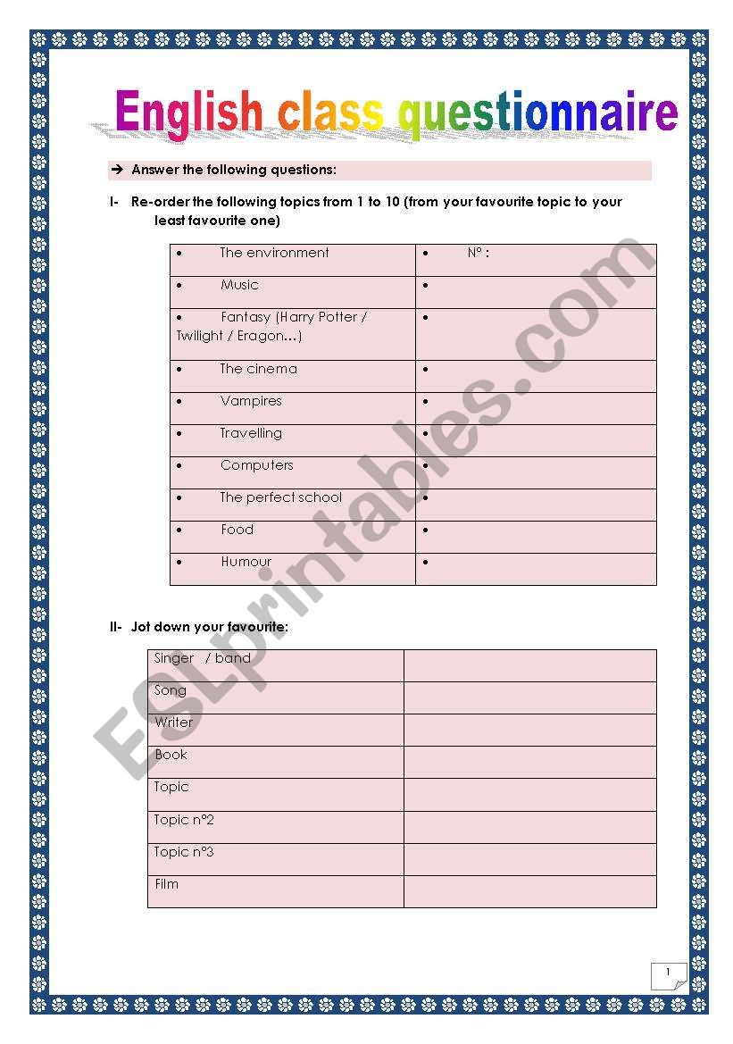 English class questionnaire (Students tastes & favourite topics)