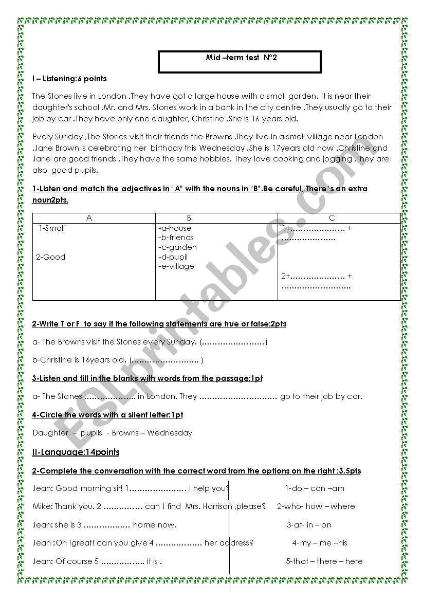 7th form mid term test worksheet