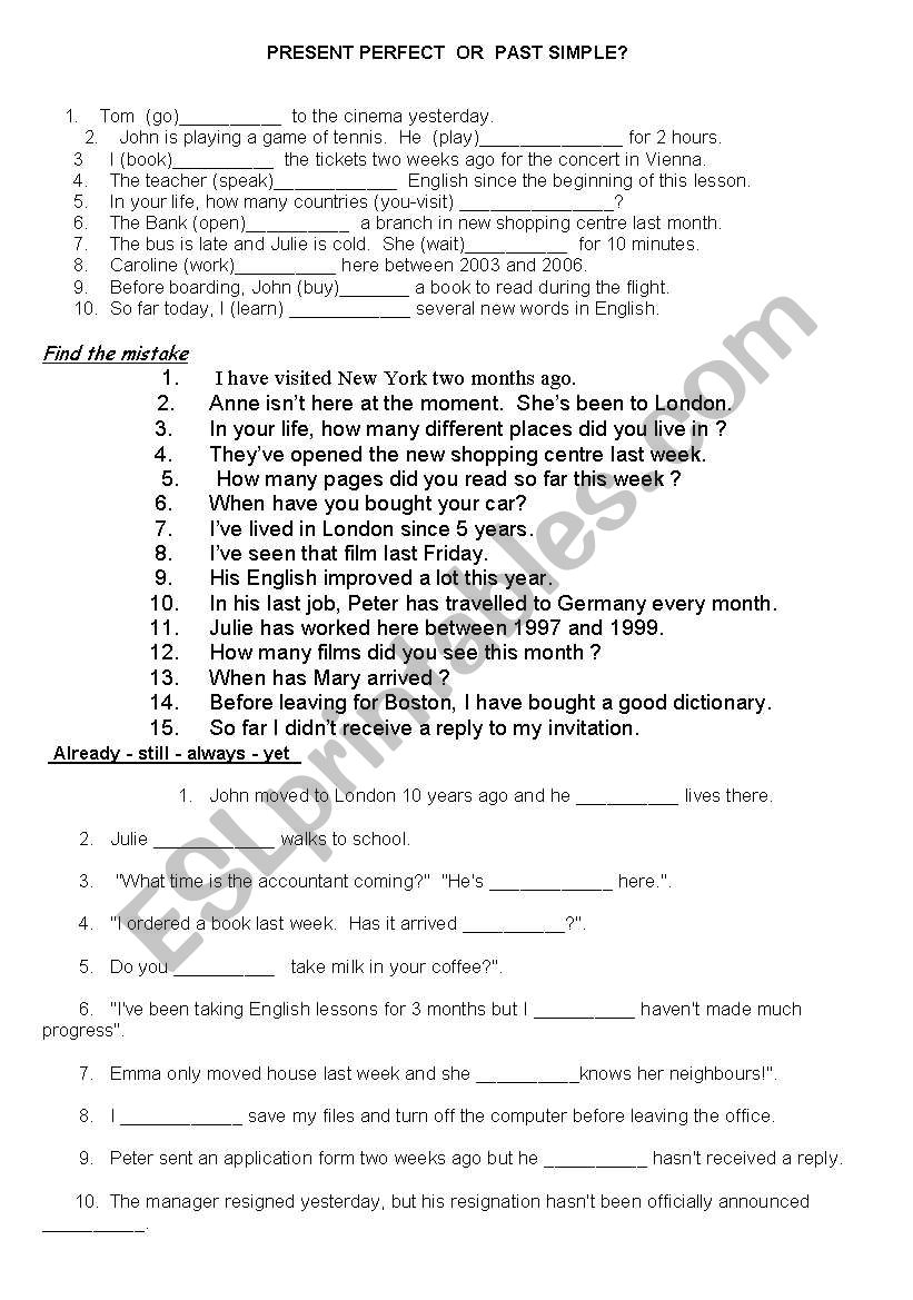 test on present perfect worksheet