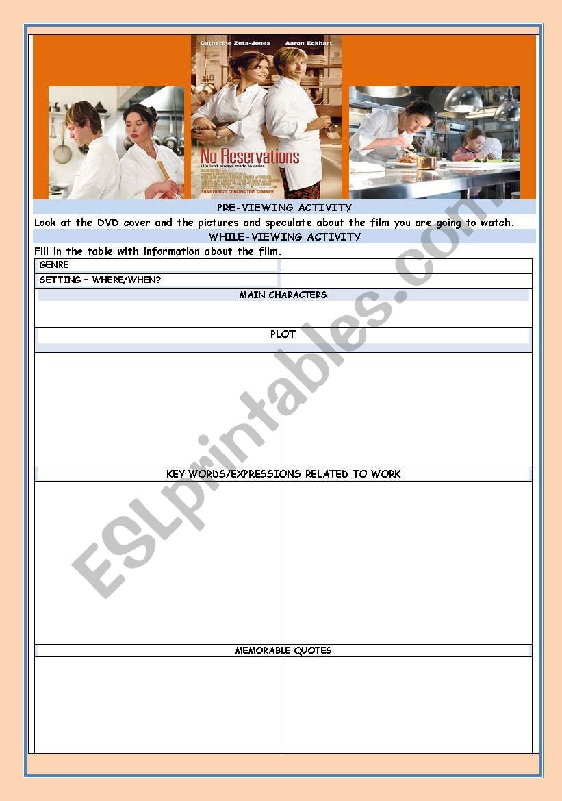 Movie:NO RESERVATIONS worksheet