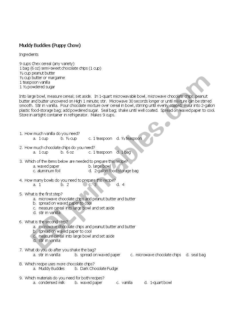 Muddy Buddies worksheet