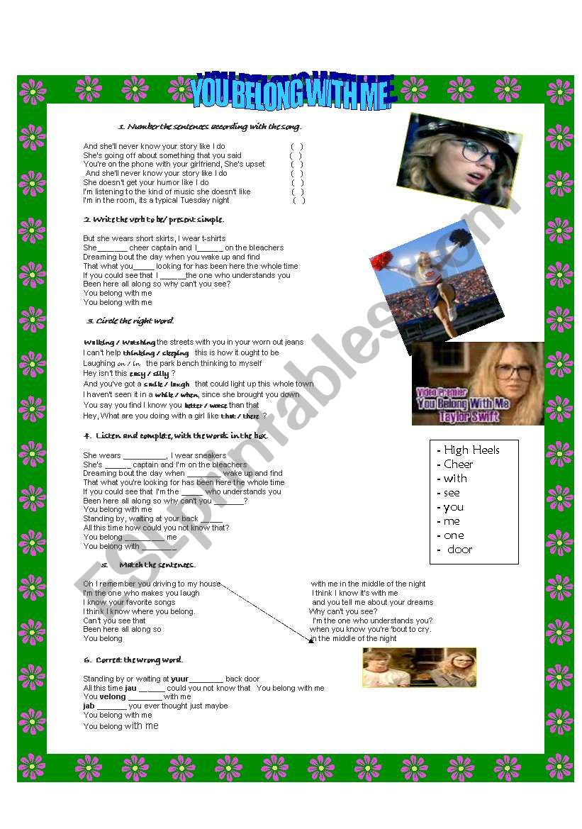 You belong with me lyrics. worksheet