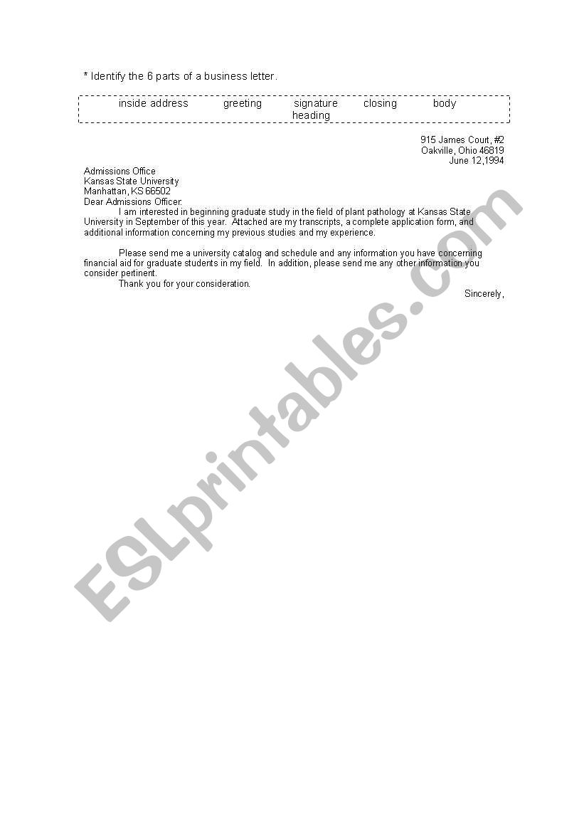 business letter worksheet