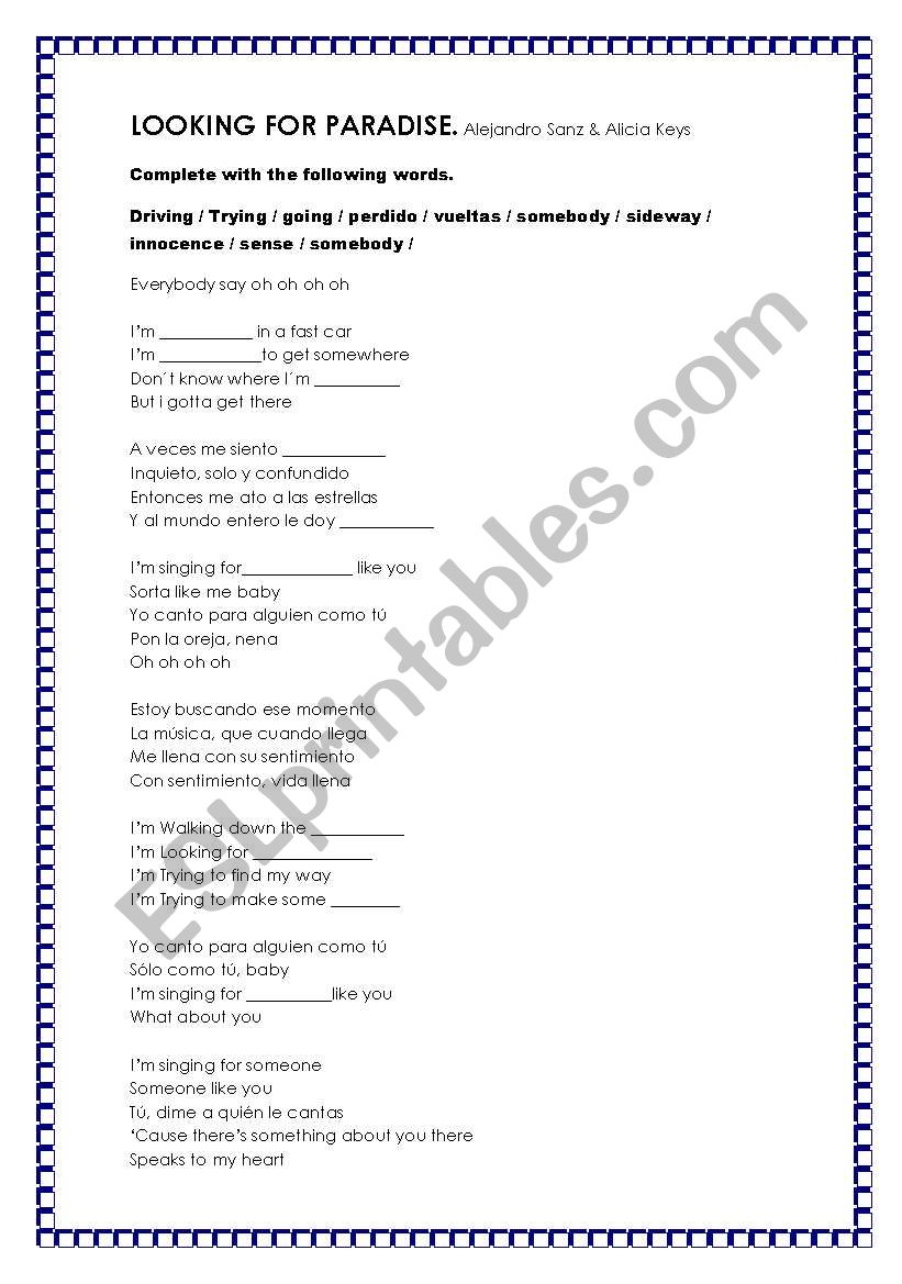 Looking for paradise song worksheet