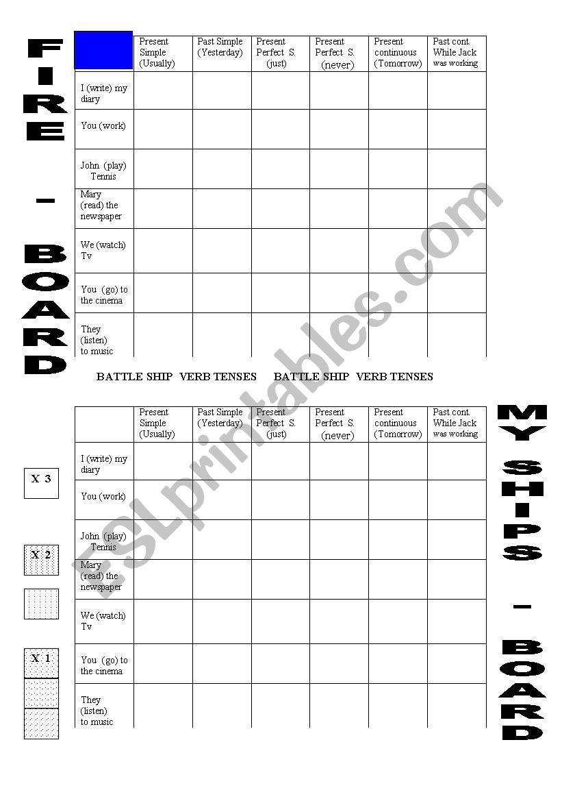 Battle ship verb tenses worksheet